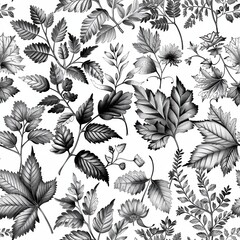 Poster - A seamless pattern featuring an intricate illustration of various leaves drawn in black and white. The design includes a variety of leaves, branches, and stems, creating a complex and visually appeali