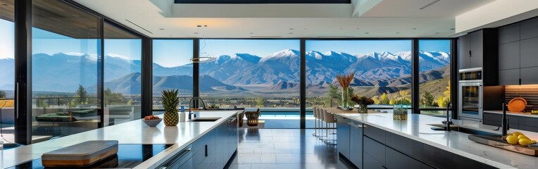 Poster - A large kitchen with a view of mountains. The kitchen is very clean and well-organized. There are two sinks, a large island, and a counter with a bowl of fruit. The kitchen is very spacious