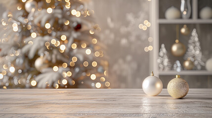 dreamy empty timber blank timber table christmas bright gold tree background empty luxury decor glow
