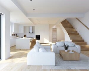 Wall Mural - Stylish white living room, an open kitchen, and a hall featuring wooden stairs. High-definition,