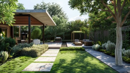 Poster - A large, lush green yard with a patio and a wooden fence. The yard is well-maintained and has a peaceful, relaxing atmosphere