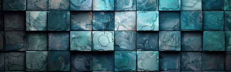 Poster - A blue wall with a pattern of squares. The squares are of different sizes and are arranged in a way that creates a sense of depth and texture. Scene is calm and serene, with the blue color