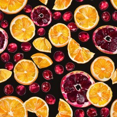 Fototapete - This digital illustration features a seamless pattern of oranges, grapefruits, and cranberries on a black background. The fruit is depicted in a watercolor style, with vibrant colors and realistic tex
