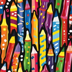 Poster - A vibrant digital illustration featuring a seamless pattern of melted crayons. The crayons are in various shades of red, orange, yellow, green, blue, purple, and pink, with a black background. The cra