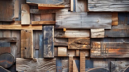 Poster - A wall made of wood pieces with a rustic feel. The wall is made of different sizes of wood pieces, and the overall effect is a collage of sorts. The wall appears to be a creative