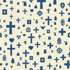 Poster - A seamless pattern design featuring a variety of blue Christian crosses and symbols, including hearts, keys, houses, and other religious motifs, on a beige background with a grid pattern.