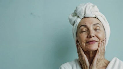 Wall Mural - A eldery woman with a towel wrapped around her head, eyes closed, and hands gently touching her face, representing relaxation and skincare. Ideal for beauty, wellness, and skincare promotions