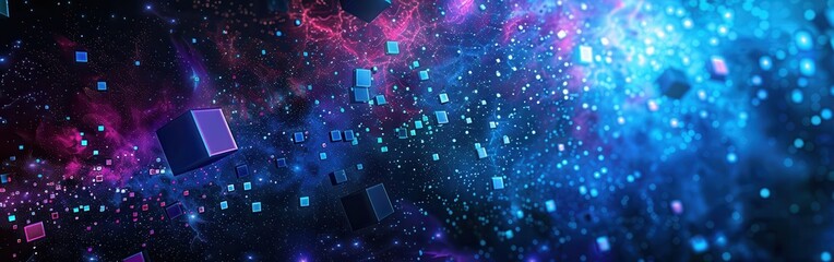 Leinwandbilder - A colorful space background with many small cubes scattered throughout. The cubes are of different sizes and colors, creating a sense of depth and movement. Scene is one of wonder and excitement