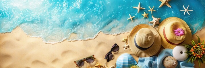 Aufkleber - An overhead shot of various beach accessories like hats, sunglasses, towels, and beach bags arranged on the sand. Generative AI