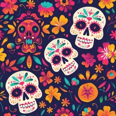 Fototapete - This image features a repeating pattern of sugar skulls and colorful flowers on a dark blue background. The skulls have intricate designs, including hearts, flowers, and teeth. The flowers are in vari