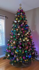 Poster - A fully decorated Christmas tree stands in a home living room. The tree is decorated with colorful ornaments, string lights, and a star topper. It is set on a brown tree skirt on a hardwood floor. The
