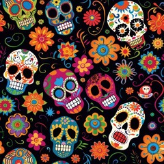 Aufkleber - This image features a repeating pattern of colorful sugar skulls and flowers on a black background. The sugar skulls are decorated with intricate designs and bright colors, while the flowers are equal