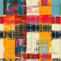 Aufkleber - This image features a digitally generated abstract pattern with a variety of colorful shapes. The pattern is made up of squares and rectangles, some of which have a plaid texture. The colors used in t