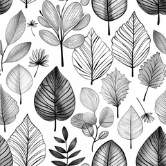 Poster - This image is a seamless pattern of various leaves, illustrated in black and white. The leaves are drawn in a detailed and realistic style, with intricate veins and textures. The pattern is perfect fo
