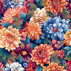 Poster - A close-up image of a vibrant floral pattern featuring a variety of colorful dahlias, petals, and leaves. The dahlias are in various shades of orange, red, yellow, and blue, creating a beautiful and e