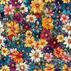 Aufkleber - A vibrant, watercolor-style painting of a bouquet of wildflowers. The bouquet features a variety of flowers in various colors, including yellow, red, pink, blue, and purple. The flowers are arranged i