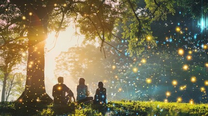 Poster - The image shows three silhouetted people sitting beneath a large tree at sunset. The sky is filled with a magical array of twinkling lights, creating a warm and ethereal atmosphere. The scene suggests