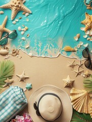 Aufkleber - Beach essentials laid out on the sand, including sunglasses, a hat, a towel, and seashells, with the turquoise ocean waves in the background. Generative AI