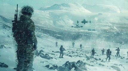 A lone soldier stands in a snowy, mountainous landscape, looking out over a group of soldiers marching across the snow. The soldier is wearing camouflage gear and a helmet, and is armed with a rifle. 