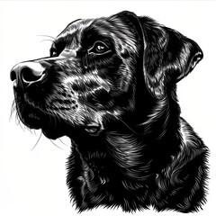 A black and white drawing of a labrador retriever dog