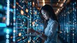 © mahamad - A woman in a data center and information technology environment, depicted as an engineer configuring a server room with software updates. The scene emphasizes the tech industry, cybersecurity