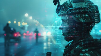 Wall Mural - A soldier stands in the foreground, their face partially obscured by a digital overlay of data. The background is blurred, showing a cityscape at night with traffic lights and pedestrians. This image 