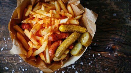 Wall Mural - French fries with cheddar cheese pickles and sausages on a paper plate fast food to go Aerial view
