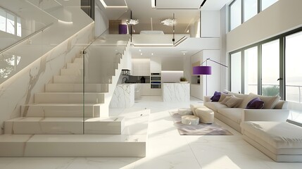 Wall Mural - Trendy modern studio in white and beige, showcasing a sleek kitchen and comfortable lounge area, marble stairs, and a purple floor lamp, with large windows.