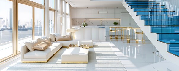 Wall Mural - Trendy white and beige studio, large windows, white kitchen, blue stairs, and gold furniture.