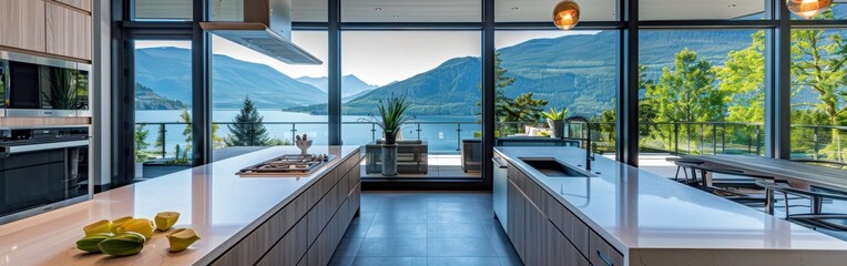 Poster - A large kitchen with a view of the mountains and a lake. The kitchen is very spacious and has a lot of counter space