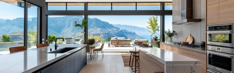 Poster - A large kitchen with a view of the mountains. The kitchen is very clean and has a modern design. There are two ovens, a sink, and a large island. The countertops are made of marble