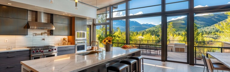 Poster - A kitchen with a large window overlooking a mountain range. The kitchen is well-lit and has a modern design