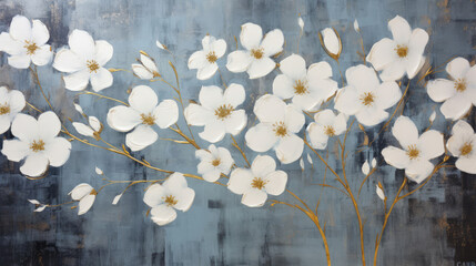 Wall Mural - Abstract painted oil acrylic painting of white flowers with gold deatils and dark blue moody background wallpaper texture illustration., Generative AI