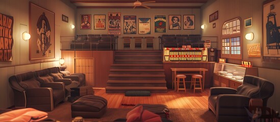 Wall Mural - Two-level home with a vintage cinema theme, featuring movie posters, a cozy living area with plush theater seats, and a dining space with a concession stand counter.