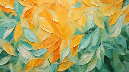 Wall Mural - closeup of abstract rough orange green autumnal fallen leaves or waves art painting texture, with oi