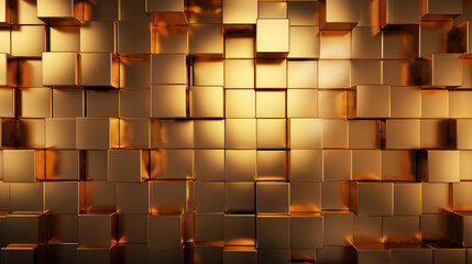 Wall Mural - Abstract geometric metallic gold 3d texture wall with squares and square cubes background banner illustration with glowing lights, textured metal wallpaper, Generative AI