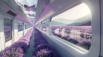 The perfect marriage of nature and technology as a train travels through a lavender field.