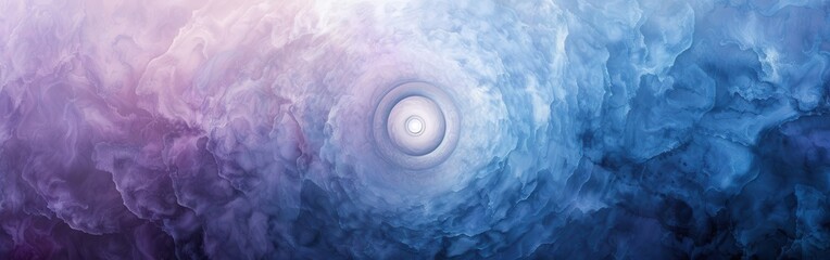 Poster - This abstract image shows a swirling pattern of blue and purple clouds with a white light source in the center. The light source creates a circular shape, casting a glow on the surrounding clouds. The