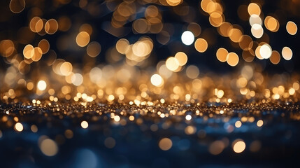 Wall Mural - Festive celebration holiday christmas, new year, new year eve banner template illustration - Abstract gold bokeh lights on dark blue background texture, de-focused, Generative AI