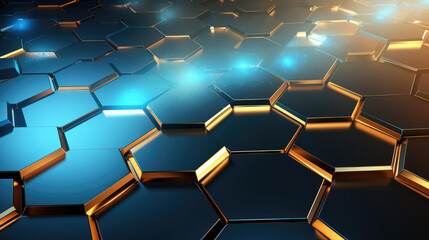 Wall Mural - Abstract futuristic luxurious digital geometric technology hexagon background banner illustration 3d - Gold turquoise blue hexagonal 3d shape texture wall, Generative AI