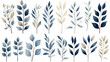 © Fang - Abstract blue beige painting of watercolor leaves set collection illustration, isolated on white background, Generative AI