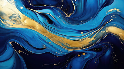 Wall Mural - Abstract marble marbled stone ink liquid fluid painted painting texture luxury background banner - Blue swirls waves gold painted lines illustration, Generative AI