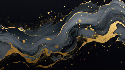 Wall Mural - Abstract marble marbled ink liquid fluid painted painting texture luxury background banner illustration - Black gray swirls gold painted splashes, Generative AI