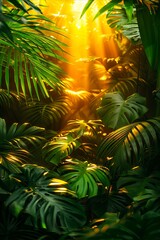 Wall Mural - A tropical jungle with sunlight shining through the leaves.