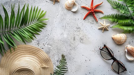 Aufkleber - A flat lay photograph featuring a straw hat, palm fronds, seashells, and starfish on a light gray background. The image has a summery and tropical feel, with the elements arranged in a pleasing and sy
