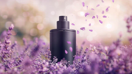 Black perfume bottle with a matte finish, filled with a lavender fragrance