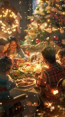 Poster - This image shows a family gathered around a table for a Christmas dinner. The table is set with festive decorations and food, and a Christmas tree stands in the background. The family is enjoying each