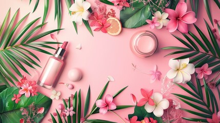 Cosmetic product presentation with spring theme and tropical elements