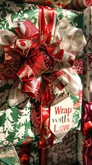 Aufkleber - This image shows a close-up view of a Christmas gift wrapped in festive green and white paper, tied with a large red bow. The gift is adorned with a tag that reads Wrap With Love.