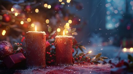 Poster - A close-up of two burning candles with red wax and a snowy, glittery surface. There is a Christmas ornament and greenery in the foreground, and blurred Christmas lights in the background. The scene is